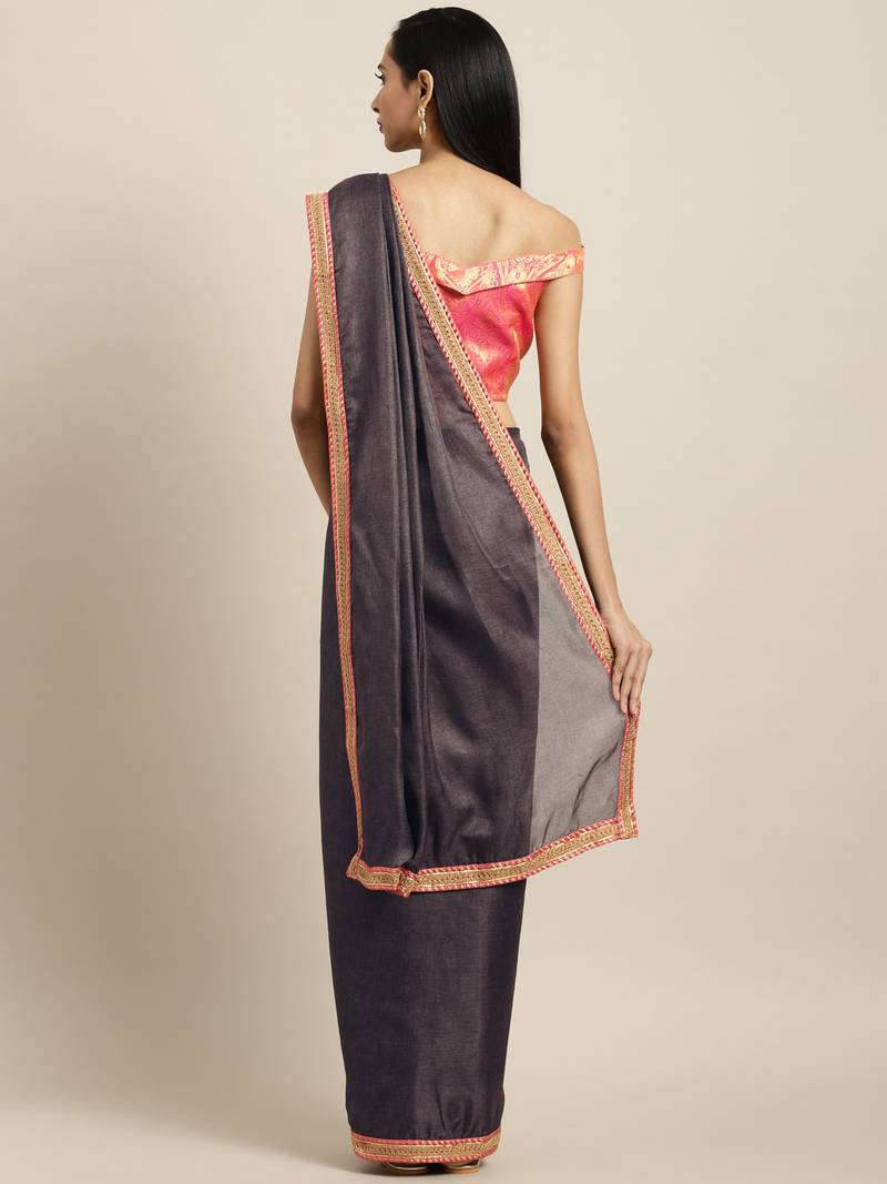 Inddus Grey Jute Cotton Solid Lace Bordered Saree With Woven Blouse