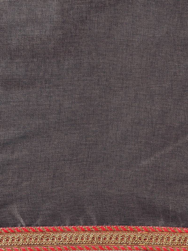 Inddus Grey Jute Cotton Solid Lace Bordered Saree With Woven Blouse