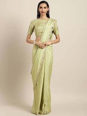 Inddus Green Silk Blend Lace Bordered Saree With Embroidered Blouse 1