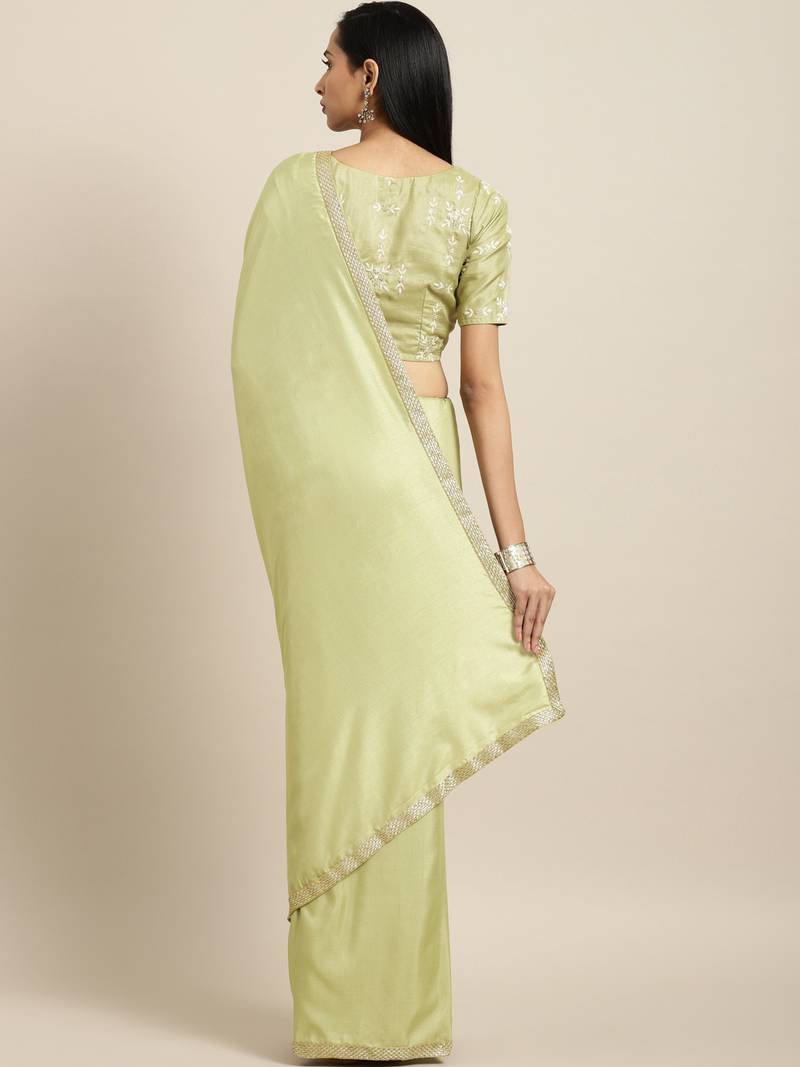 Inddus Green Silk Blend Lace Bordered Saree With Embroidered Blouse
