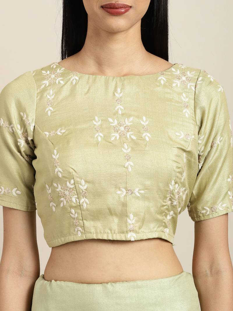 Inddus Green Silk Blend Lace Bordered Saree With Embroidered Blouse