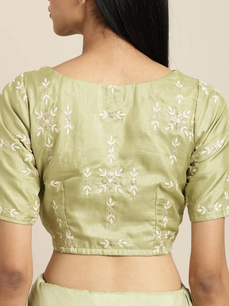 Inddus Green Silk Blend Lace Bordered Saree With Embroidered Blouse