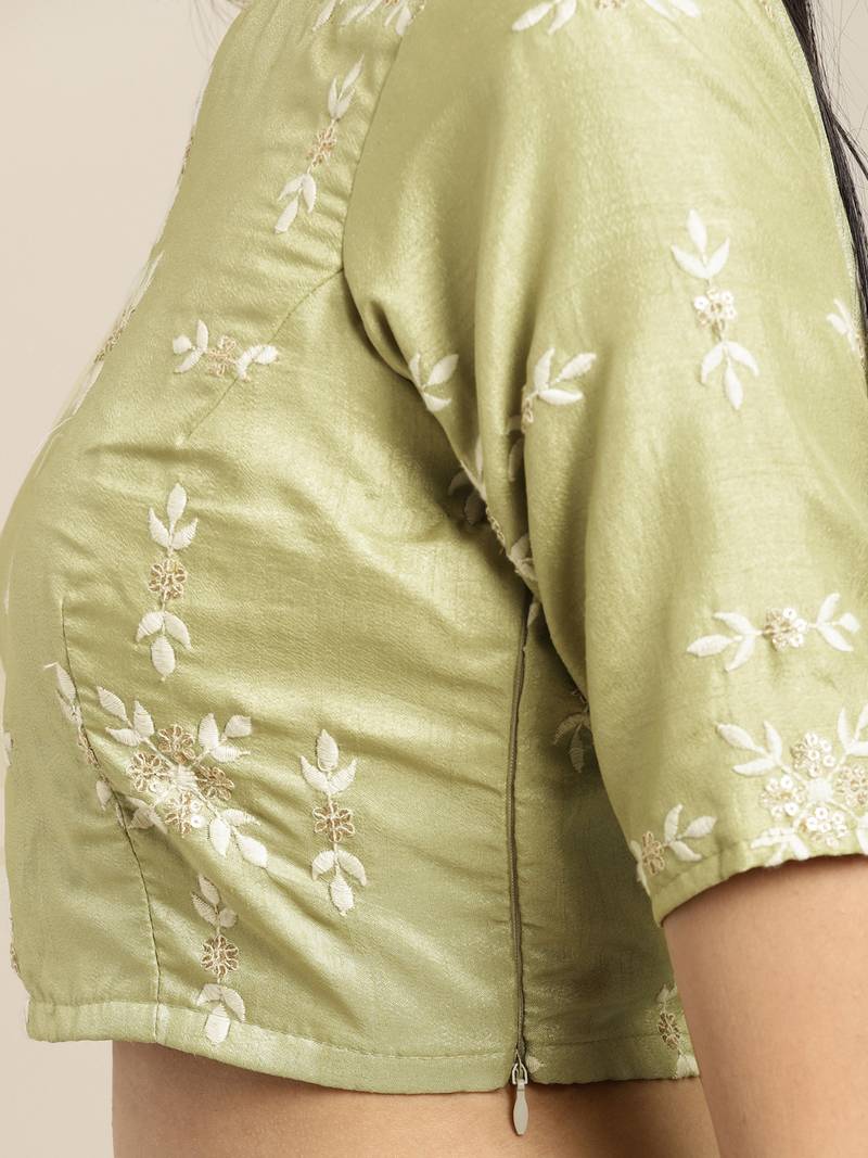 Inddus Green Silk Blend Lace Bordered Saree With Embroidered Blouse