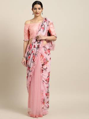 Inddus Pink Chiffon Floral Print Half And Half Ruffled Saree With Blouse 1