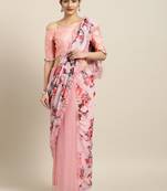 Inddus Pink Chiffon Floral Print Half And Half Ruffled Saree With Blouse