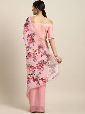Inddus Pink Chiffon Floral Print Half And Half Ruffled Saree With Blouse 2