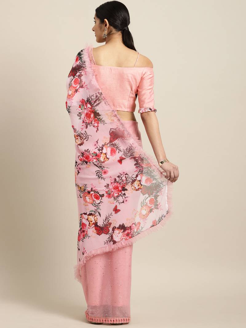 Inddus Pink Chiffon Floral Print Half And Half Ruffled Saree With Blouse