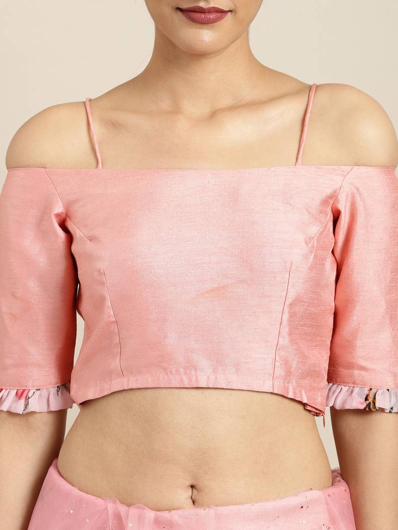 Inddus Pink Chiffon Floral Print Half And Half Ruffled Saree With Blouse