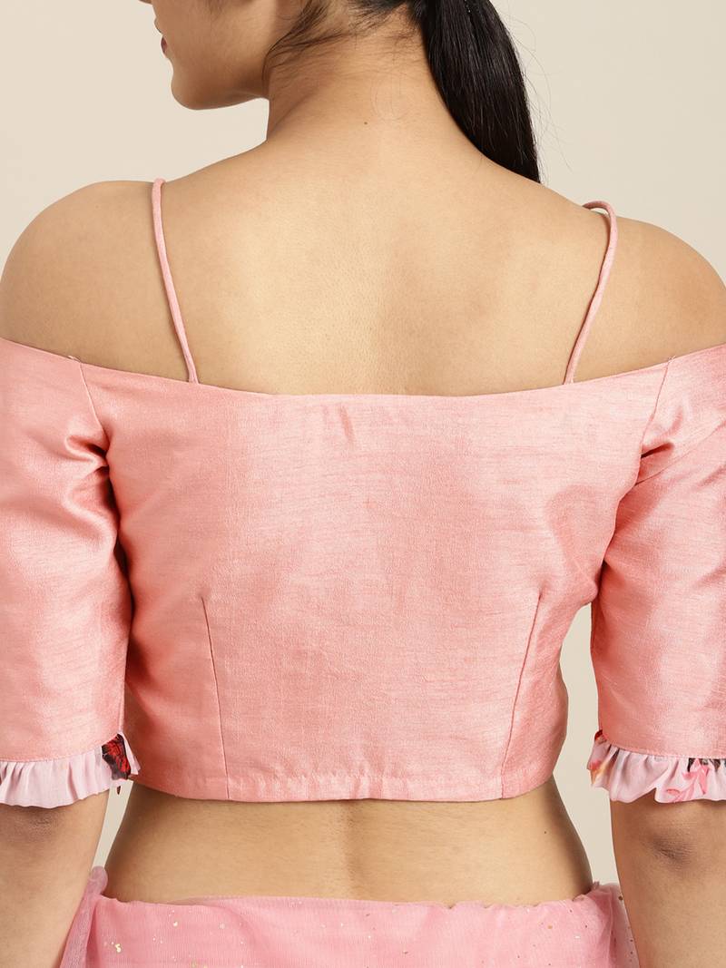 Inddus Pink Chiffon Floral Print Half And Half Ruffled Saree With Blouse