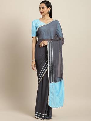 Inddus Grey Georgette Mukaish Work Saree With Blouse 1