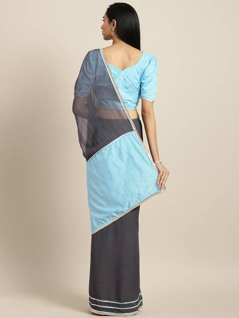 Inddus Grey Georgette Mukaish Work Saree With Blouse