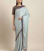 Inddus Blue Georgette Lace Bordered Saree With Woven Blouse