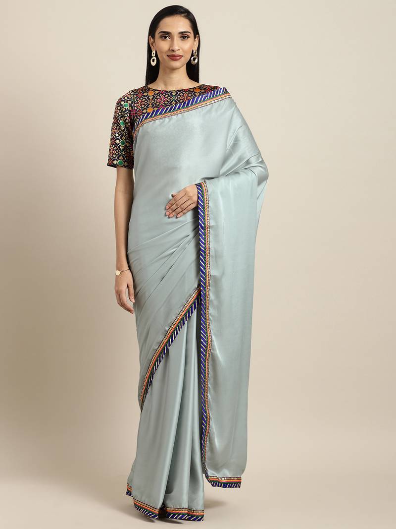 Inddus Blue Georgette Lace Bordered Saree With Woven Blouse