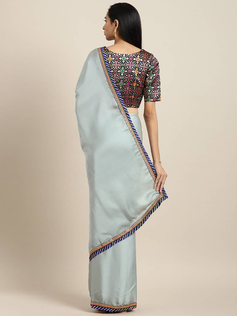 Inddus Blue Georgette Lace Bordered Saree With Woven Blouse