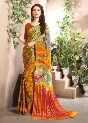 Yellow printed crepe saree with blouse 1