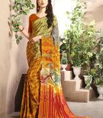 Yellow printed crepe saree with blouse
