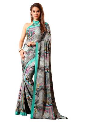  turquoise printed crepe saree with blouse 1