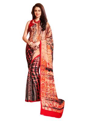 Red printed crepe saree with blouse 1