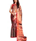 Red printed crepe saree with blouse