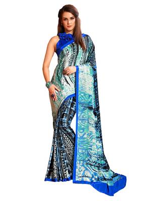 Blue printed crepe saree with blouse 1