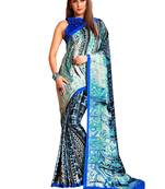 Blue printed crepe saree with blouse