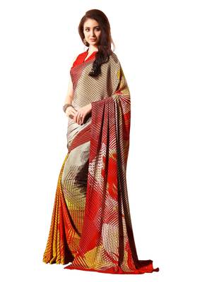 Red printed crepe saree with blouse 1
