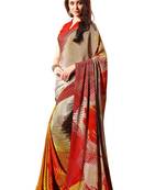 Red printed crepe saree with blouse