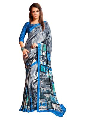 Blue printed crepe saree with blouse 1