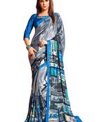 Blue printed crepe saree with blouse