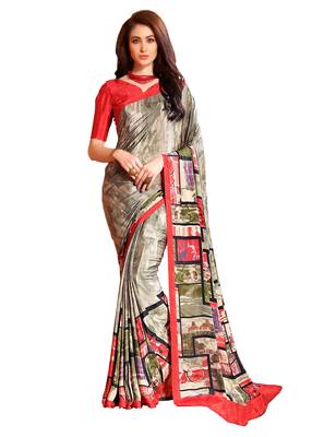 Red printed crepe saree with blouse 1