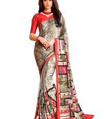 Red printed crepe saree with blouse
