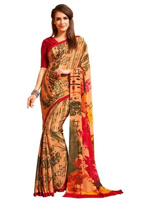Red printed crepe saree with blouse 1