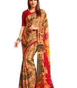 Red printed crepe saree with blouse