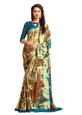 Beige printed crepe saree with blouse 1