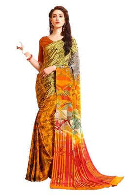 Yellow printed crepe saree with blouse 1