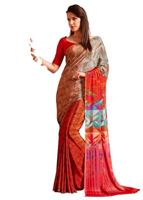 Red printed crepe saree with blouse 1
