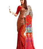 Red printed crepe saree with blouse