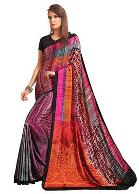 Pink printed crepe saree with blouse 1