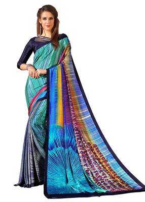 Blue printed crepe saree with blouse 1