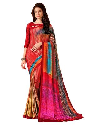 Red printed crepe saree with blouse 1