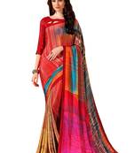 Red printed crepe saree with blouse