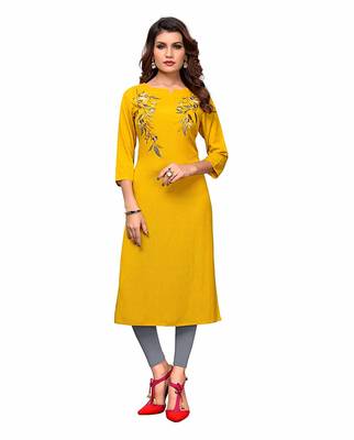 Yellow embroidered rayon party-wear-kurtis 1