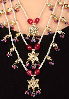 Kundan And Pearls Red Teenlada Rani Haar Necklace 2