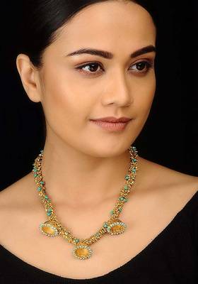 Gold Beads And Turquoise Jhumki Necklace 1