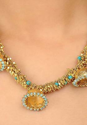 Gold Beads And Turquoise Jhumki Necklace 2