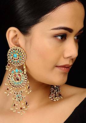 Turquoise And Red Long Chandbali Earrings 1