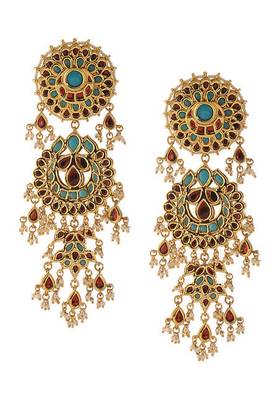Turquoise And Red Long Chandbali Earrings 2