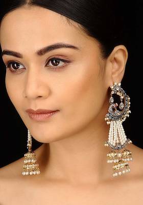 Zirconia And Pearls Victorian Polki Peacock Earrings 1