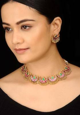 Polki Red And Green Choker Necklace Set 1