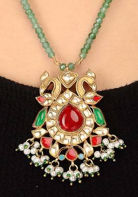 Red And Green Polki Peacock Pendant Necklace 2